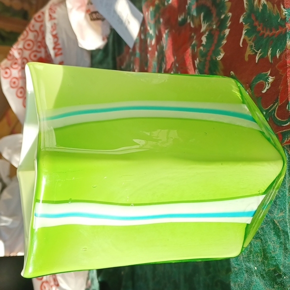 Vintage hand-blown green & blue & white vase, 7" x 4.5" - Picture 2 of 4